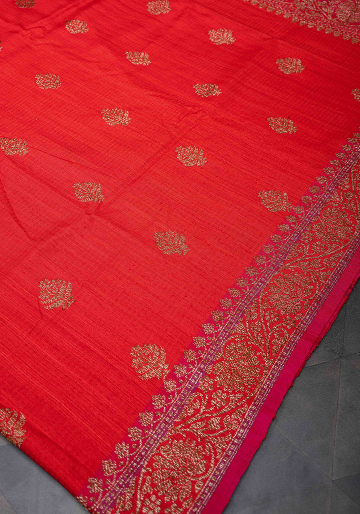 Pure Banarasi Dupion Silk Saree in Red with Antique Zari Butta and Short width Border | SILK MARK CERTIFIED