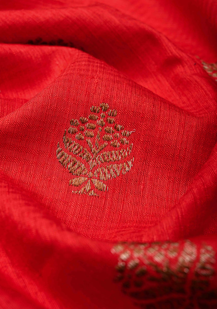 Pure Banarasi Dupion Silk Saree in Red with Antique Zari Butta and Short width Border | SILK MARK CERTIFIED