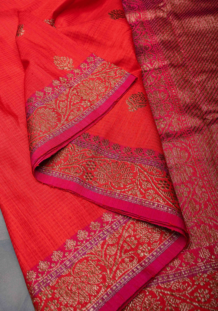 Pure Banarasi Dupion Silk Saree in Red with Antique Zari Butta and Short width Border | SILK MARK CERTIFIED