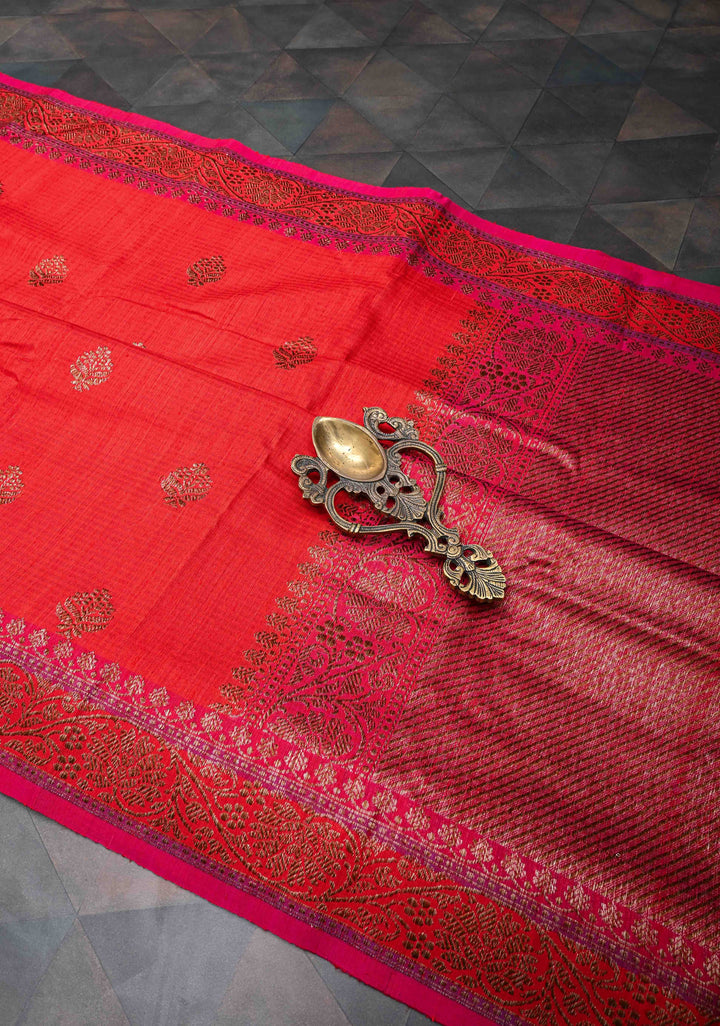Pure Banarasi Dupion Silk Saree in Red with Antique Zari Butta and Short width Border | SILK MARK CERTIFIED