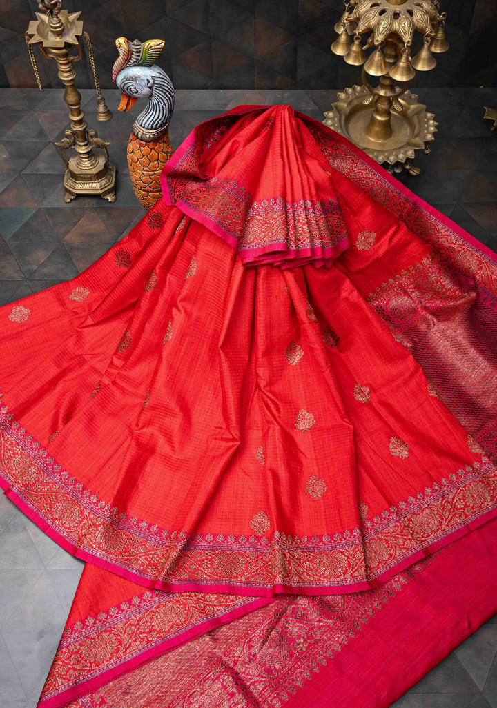 Pure Banarasi Dupion Silk Saree in Red with Antique Zari Butta and Short width Border | SILK MARK CERTIFIED