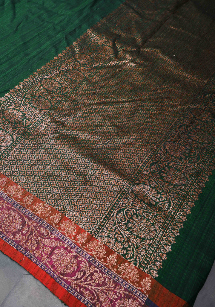 Pure Banarasi Dupion Silk Saree in Forest Green with Antique Zari Border | SILK MARK CERTIFIED
