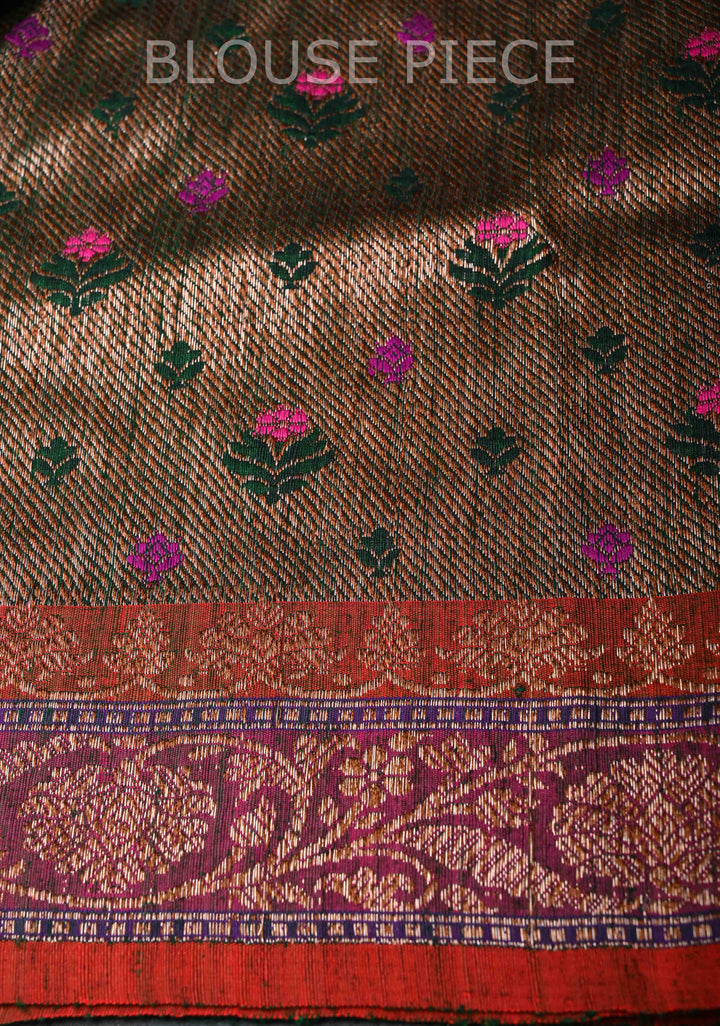 Pure Banarasi Dupion Silk Saree in Forest Green with Antique Zari Border | SILK MARK CERTIFIED