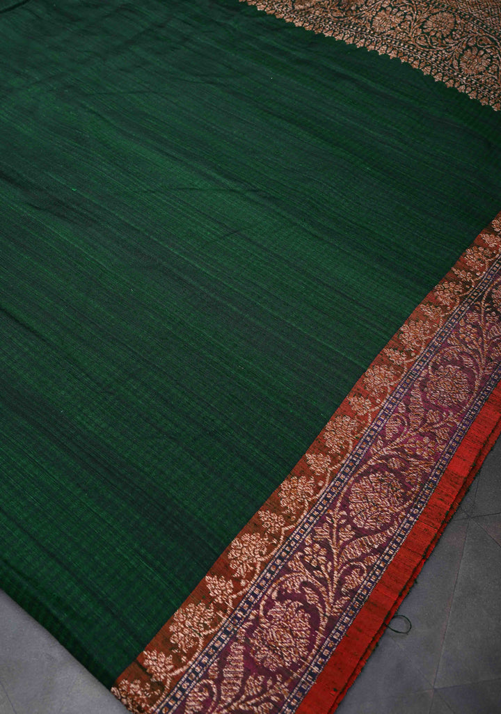 Pure Banarasi Dupion Silk Saree in Forest Green with Antique Zari Border | SILK MARK CERTIFIED
