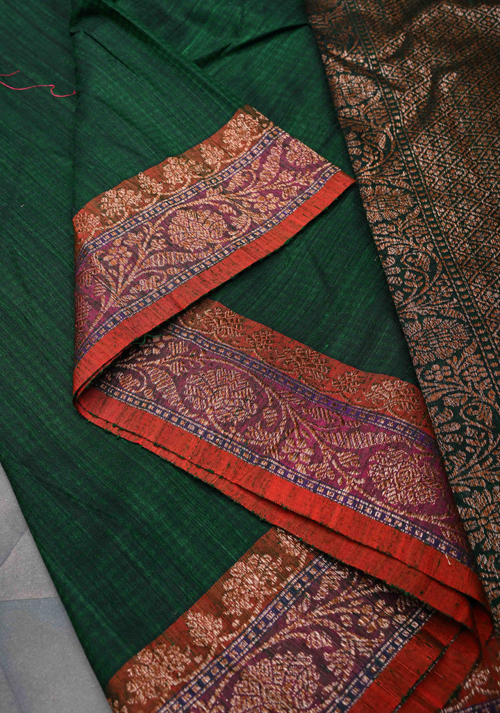 Pure Banarasi Dupion Silk Saree in Forest Green with Antique Zari Border | SILK MARK CERTIFIED