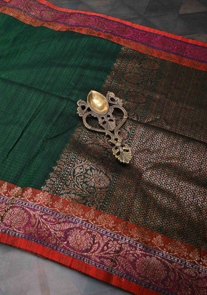 Pure Banarasi Dupion Silk Saree in Forest Green with Antique Zari Border | SILK MARK CERTIFIED