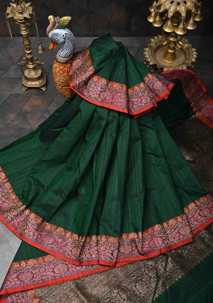 Pure Banarasi Dupion Silk Saree in Forest Green with Antique Zari Border | SILK MARK CERTIFIED