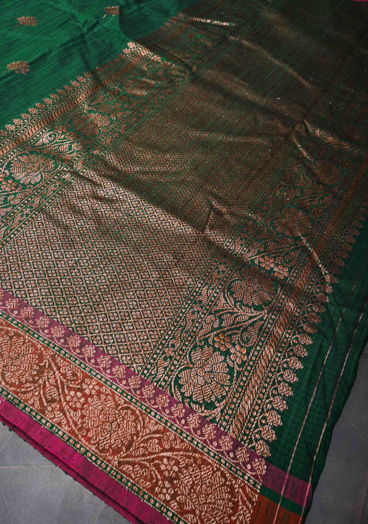 Dark Green Pure Banarasi Dupion Silk Saree with Floral Zari Buttas and Short width Purple Borders | SILK MARK CERTIFIED