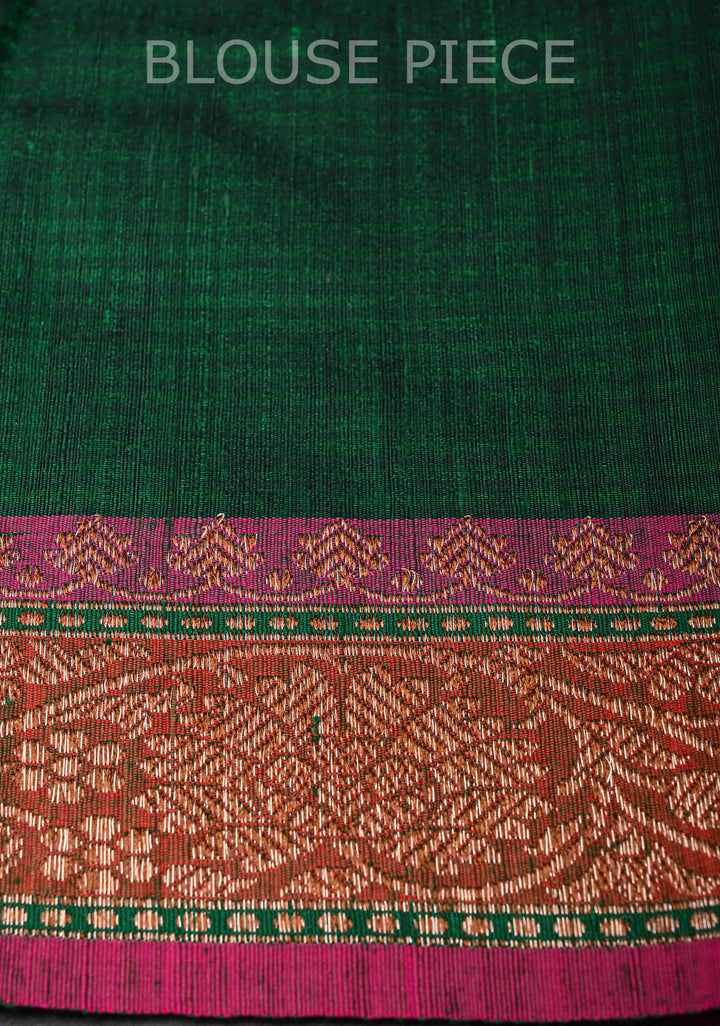 Dark Green Pure Banarasi Dupion Silk Saree with Floral Zari Buttas and Short width Purple Borders | SILK MARK CERTIFIED
