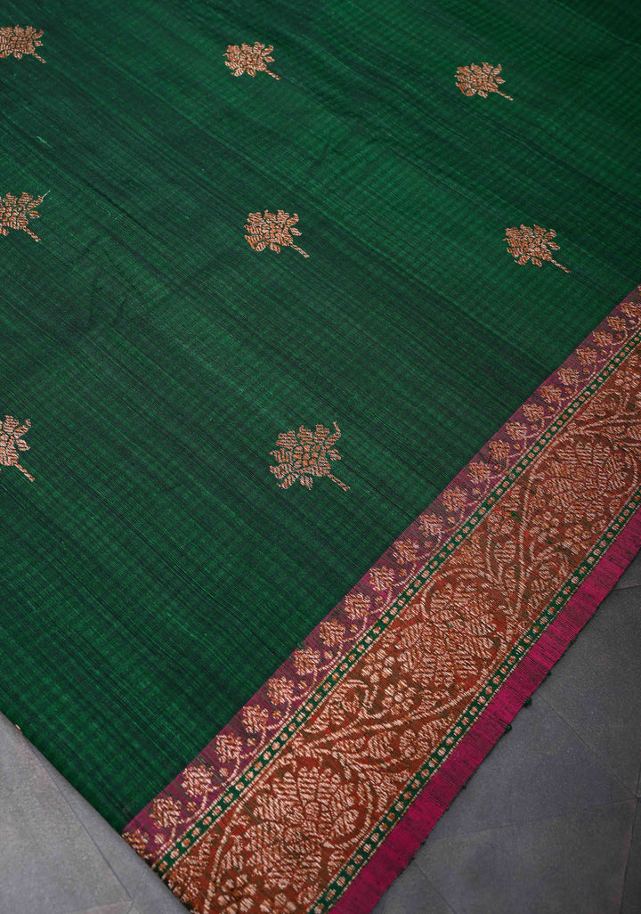 Dark Green Pure Banarasi Dupion Silk Saree with Floral Zari Buttas and Short width Purple Borders | SILK MARK CERTIFIED