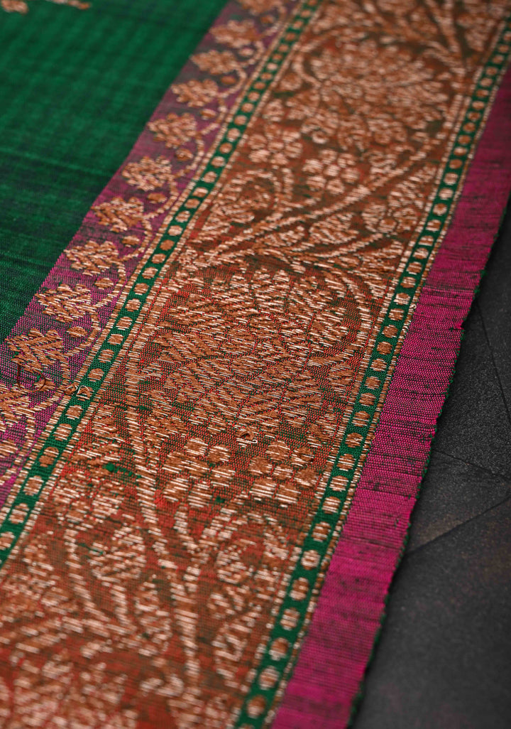Dark Green Pure Banarasi Dupion Silk Saree with Floral Zari Buttas and Short width Purple Borders | SILK MARK CERTIFIED