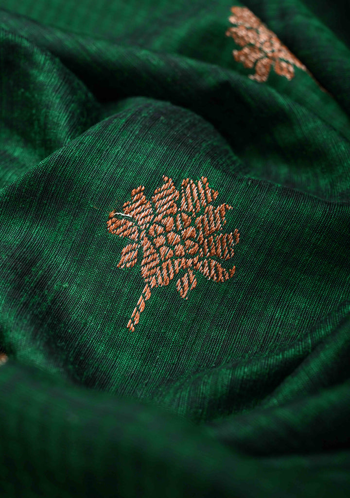 Dark Green Pure Banarasi Dupion Silk Saree with Floral Zari Buttas and Short width Purple Borders | SILK MARK CERTIFIED