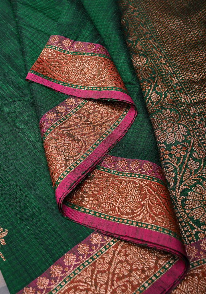 Dark Green Pure Banarasi Dupion Silk Saree with Floral Zari Buttas and Short width Purple Borders | SILK MARK CERTIFIED