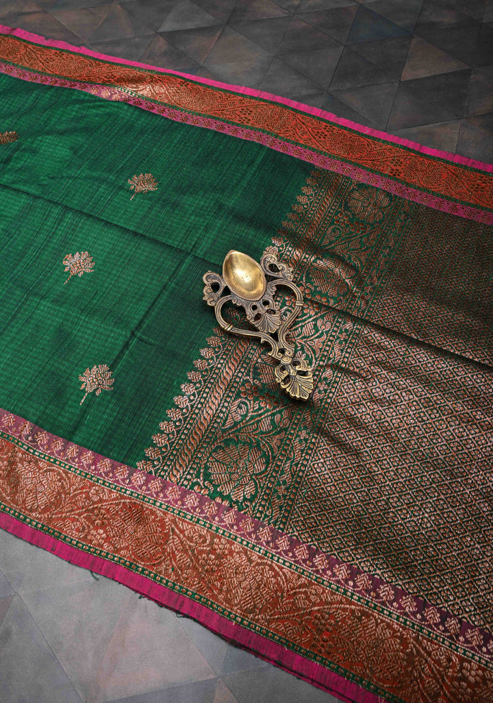 Dark Green Pure Banarasi Dupion Silk Saree with Floral Zari Buttas and Short width Purple Borders | SILK MARK CERTIFIED