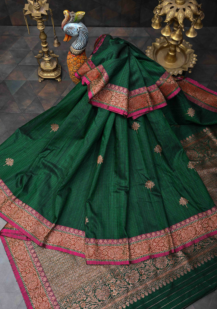 Dark Green Pure Banarasi Dupion Silk Saree with Floral Zari Buttas and Short width Purple Borders | SILK MARK CERTIFIED