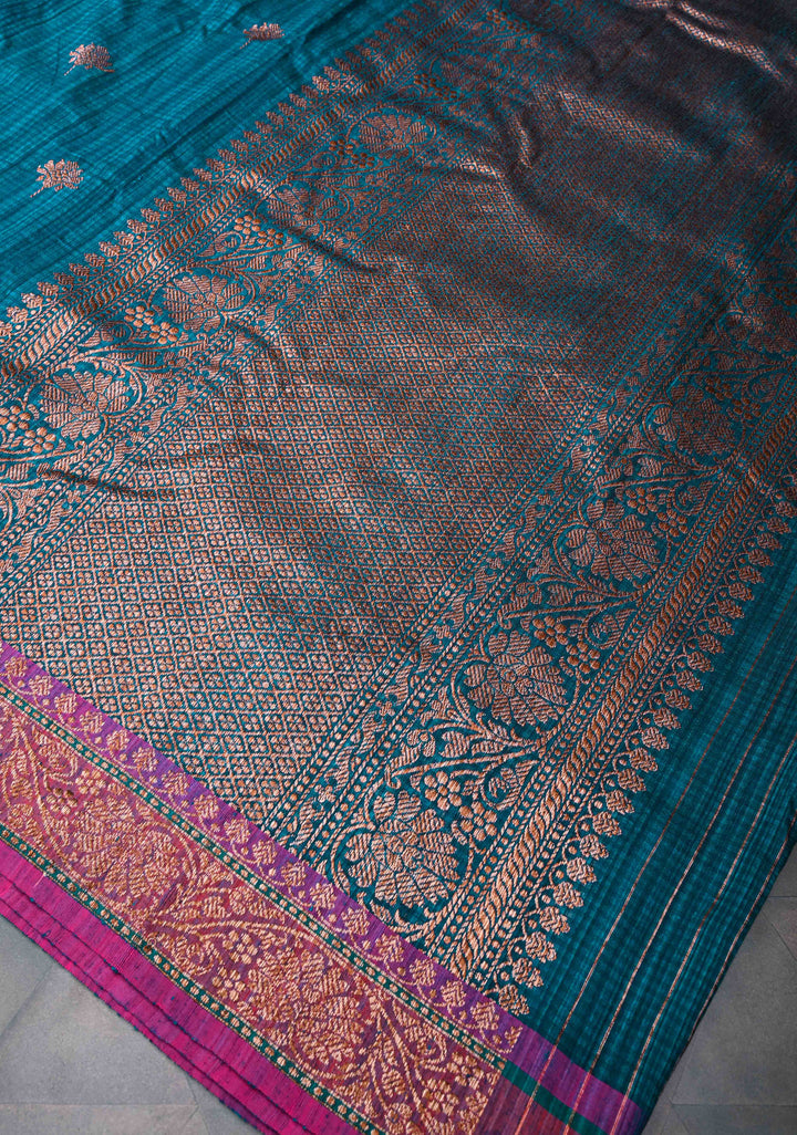 Peacock Blue Pure Banarasi Dupion Silk Saree with Antique Zari Buttas and Short width Purple Borders | SILK MARK CERTIFIED