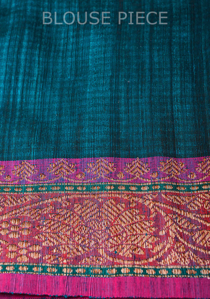 Peacock Blue Pure Banarasi Dupion Silk Saree with Antique Zari Buttas and Short width Purple Borders | SILK MARK CERTIFIED