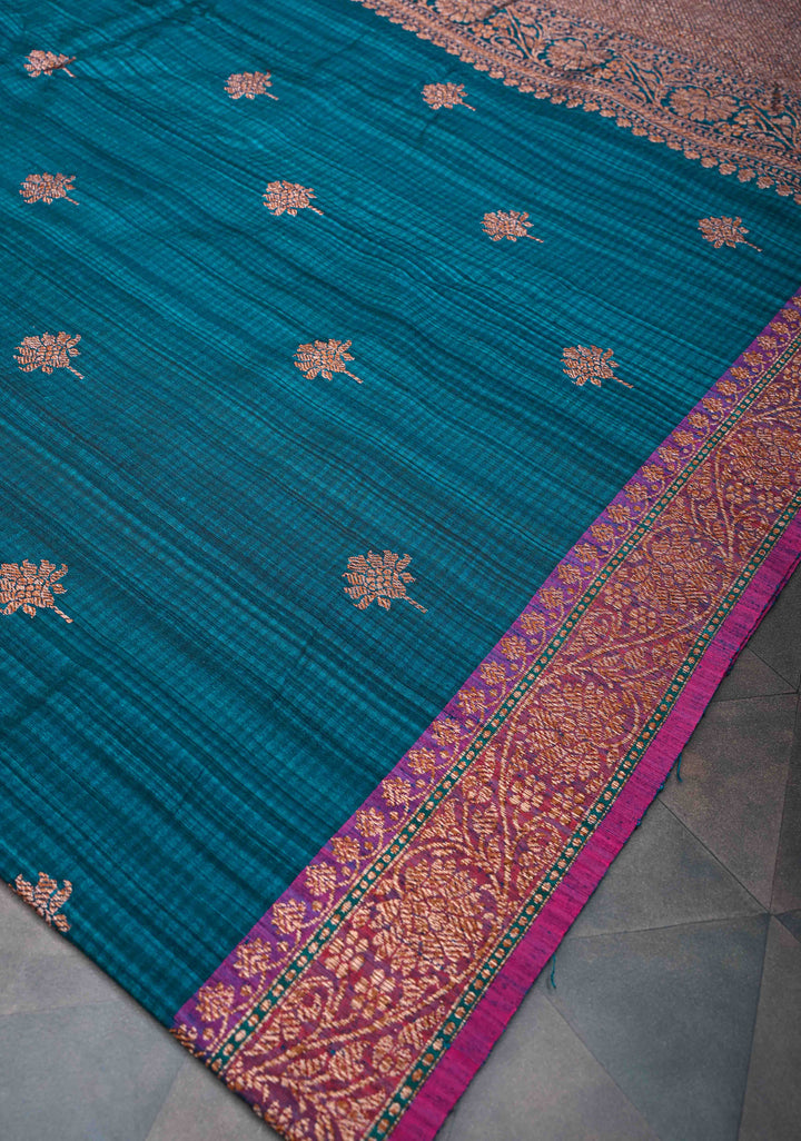 Peacock Blue Pure Banarasi Dupion Silk Saree with Antique Zari Buttas and Short width Purple Borders | SILK MARK CERTIFIED