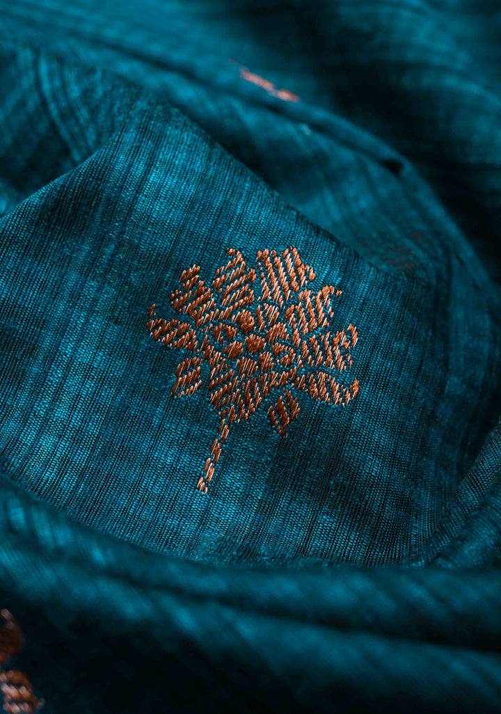 Peacock Blue Pure Banarasi Dupion Silk Saree with Antique Zari Buttas and Short width Purple Borders | SILK MARK CERTIFIED