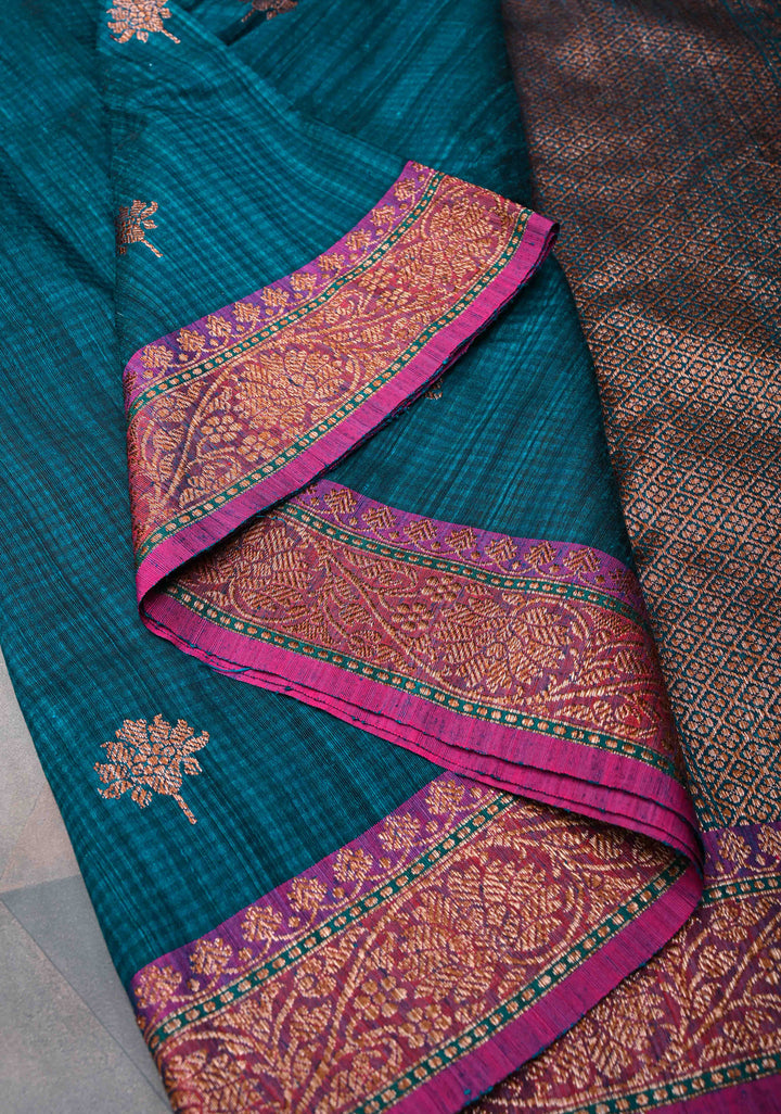 Peacock Blue Pure Banarasi Dupion Silk Saree with Antique Zari Buttas and Short width Purple Borders | SILK MARK CERTIFIED