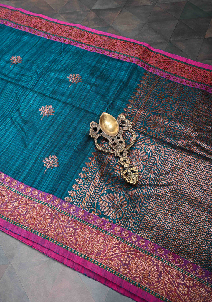 Peacock Blue Pure Banarasi Dupion Silk Saree with Antique Zari Buttas and Short width Purple Borders | SILK MARK CERTIFIED