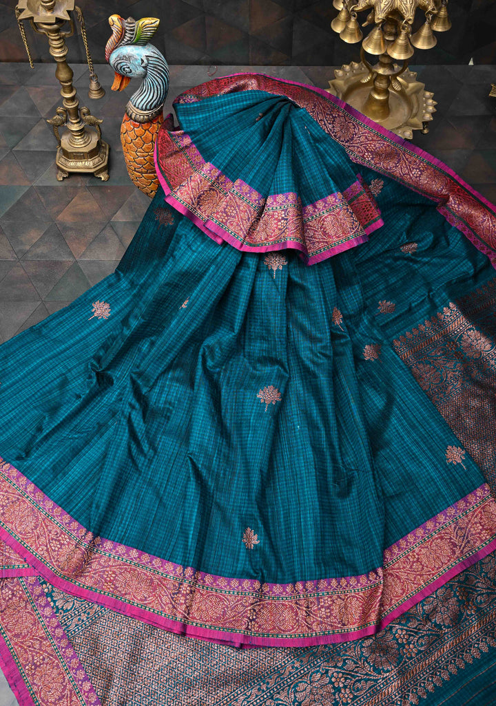 Peacock Blue Pure Banarasi Dupion Silk Saree with Antique Zari Buttas and Short width Purple Borders | SILK MARK CERTIFIED