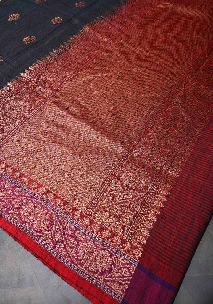 Black Dupion Banarasi Silk Saree with short width borders | SILK MARK CERTIFIED