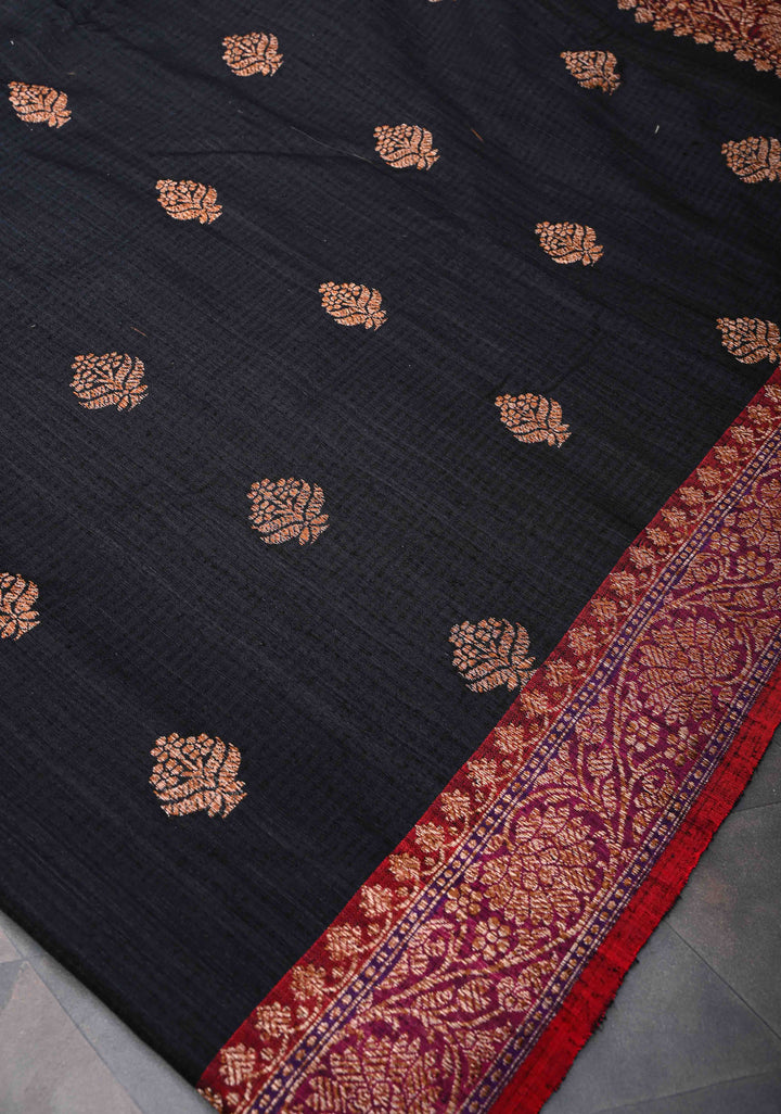 Black Dupion Banarasi Silk Saree with short width borders | SILK MARK CERTIFIED