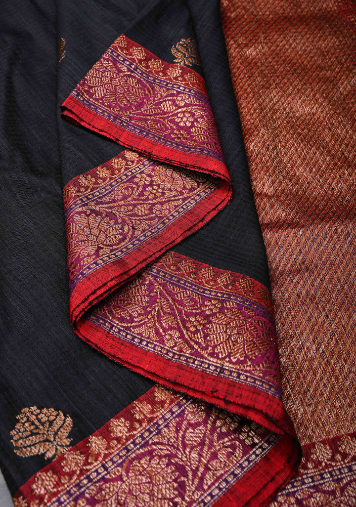 Black Dupion Banarasi Silk Saree with short width borders | SILK MARK CERTIFIED