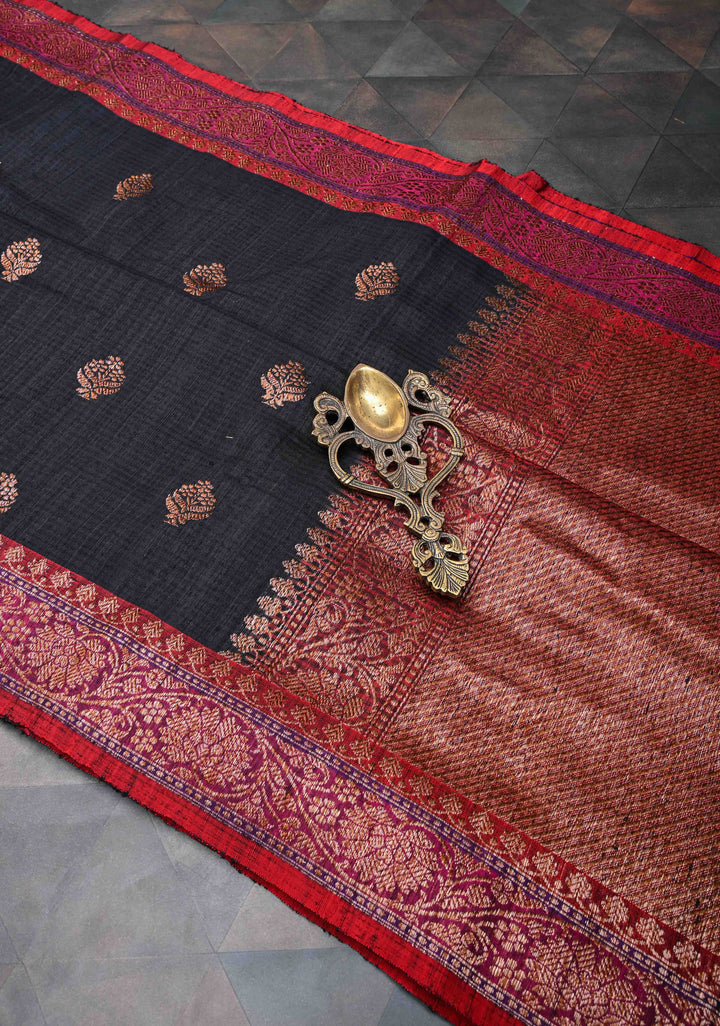 Black Dupion Banarasi Silk Saree with short width borders | SILK MARK CERTIFIED