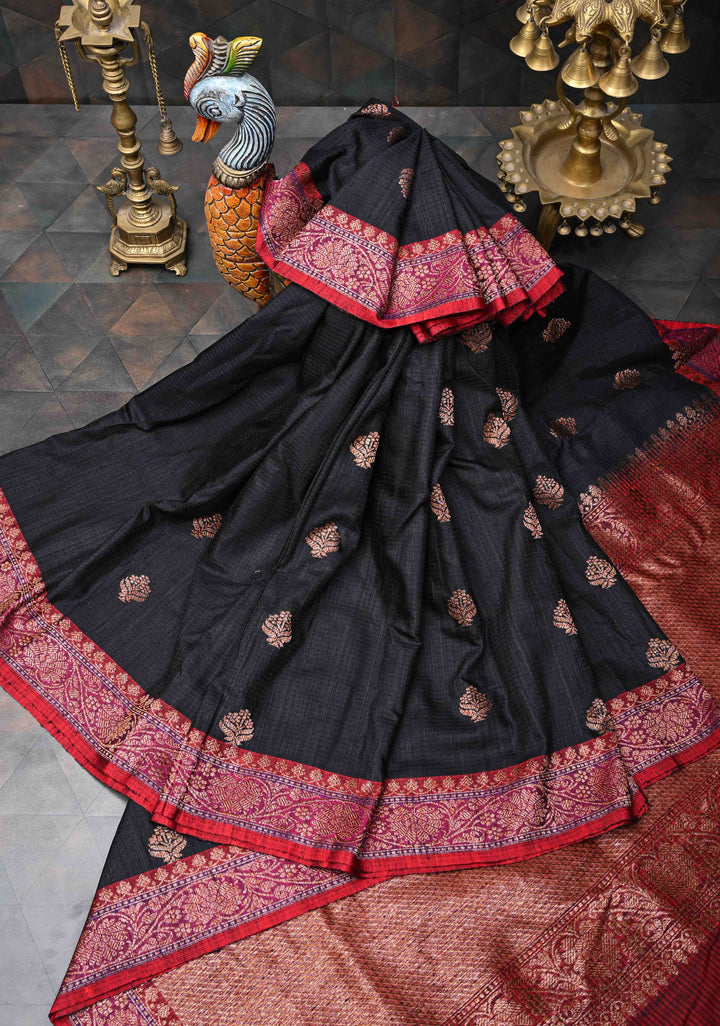 Black Dupion Banarasi Silk Saree with short width borders | SILK MARK CERTIFIED