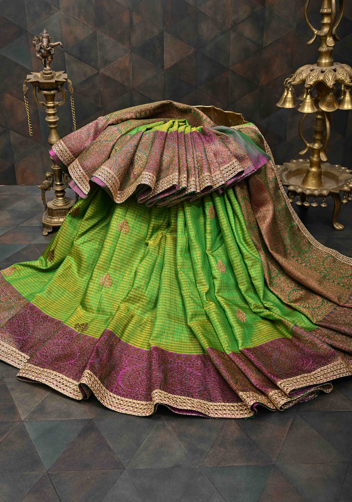 Pure Banarasi Dupion Silk Saree in Green-Yellow with Antique Zari Butta and Lace Border | SILK MARK CERTIFIED