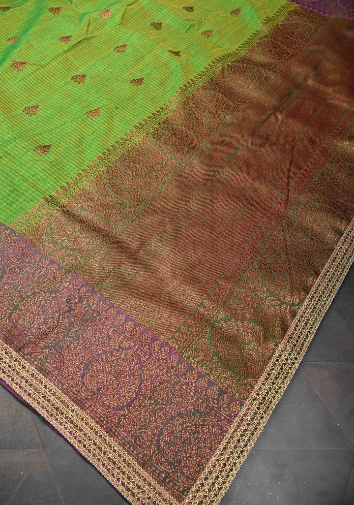 Pure Banarasi Dupion Silk Saree in Green-Yellow with Antique Zari Butta and Lace Border | SILK MARK CERTIFIED
