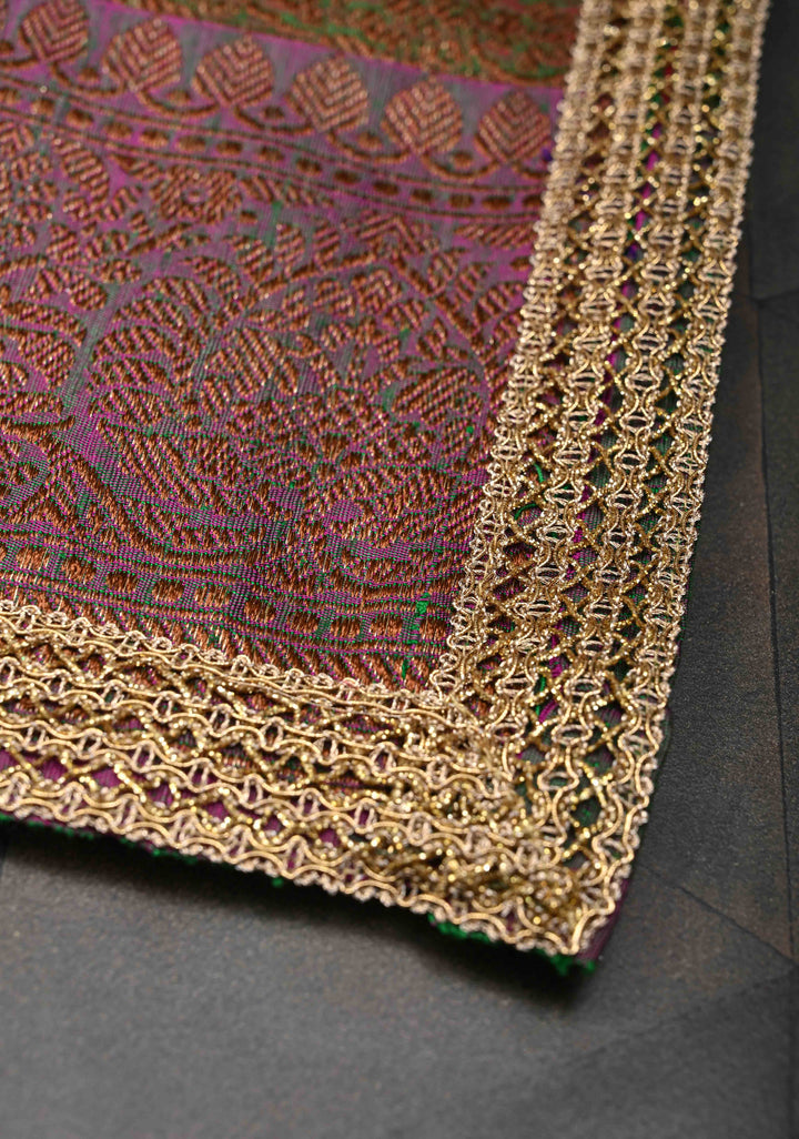 Pure Banarasi Dupion Silk Saree in Green-Yellow with Antique Zari Butta and Lace Border | SILK MARK CERTIFIED