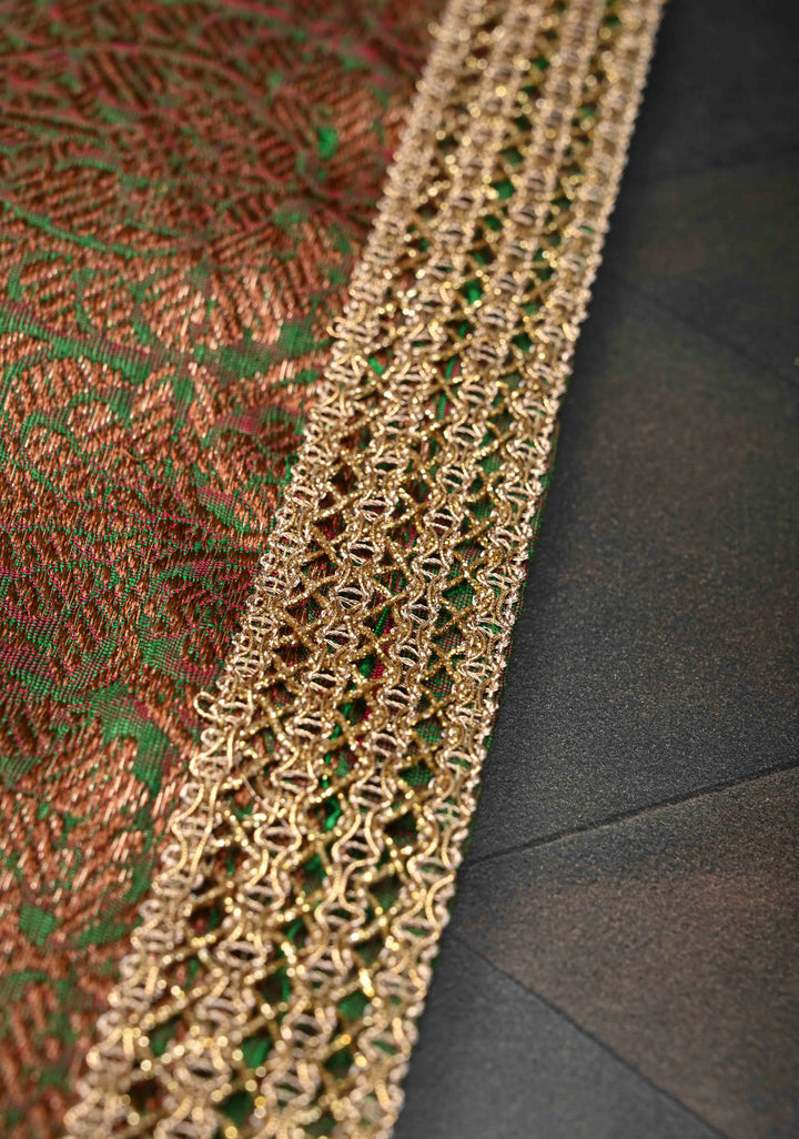 Pure Banarasi Dupion Silk Saree in Green-Yellow with Antique Zari Butta and Lace Border | SILK MARK CERTIFIED