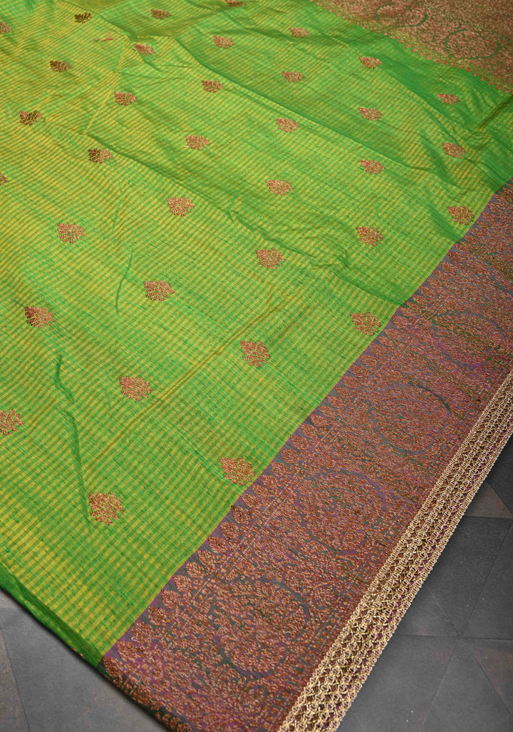 Pure Banarasi Dupion Silk Saree in Green-Yellow with Antique Zari Butta and Lace Border | SILK MARK CERTIFIED