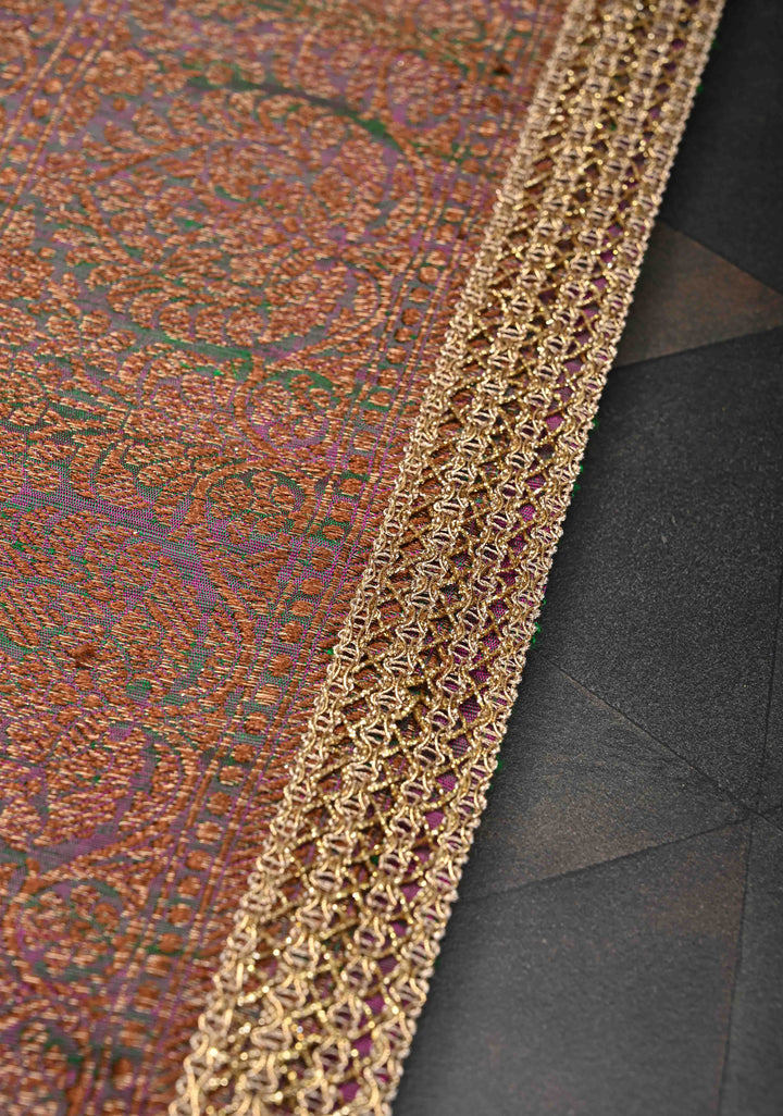 Pure Banarasi Dupion Silk Saree in Green-Yellow with Antique Zari Butta and Lace Border | SILK MARK CERTIFIED