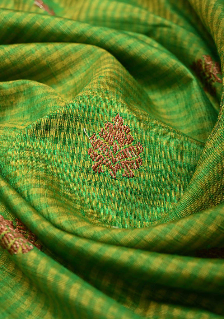Pure Banarasi Dupion Silk Saree in Green-Yellow with Antique Zari Butta and Lace Border | SILK MARK CERTIFIED