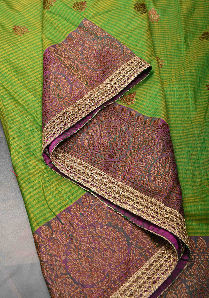 Pure Banarasi Dupion Silk Saree in Green-Yellow with Antique Zari Butta and Lace Border | SILK MARK CERTIFIED