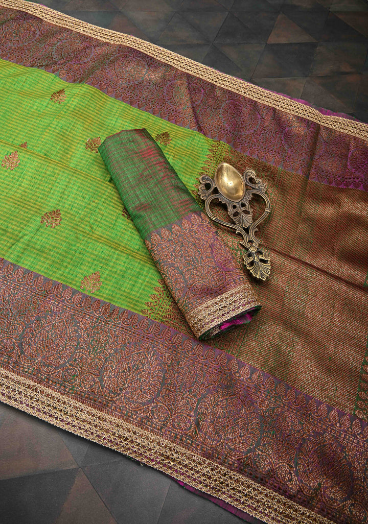 Pure Banarasi Dupion Silk Saree in Green-Yellow with Antique Zari Butta and Lace Border | SILK MARK CERTIFIED