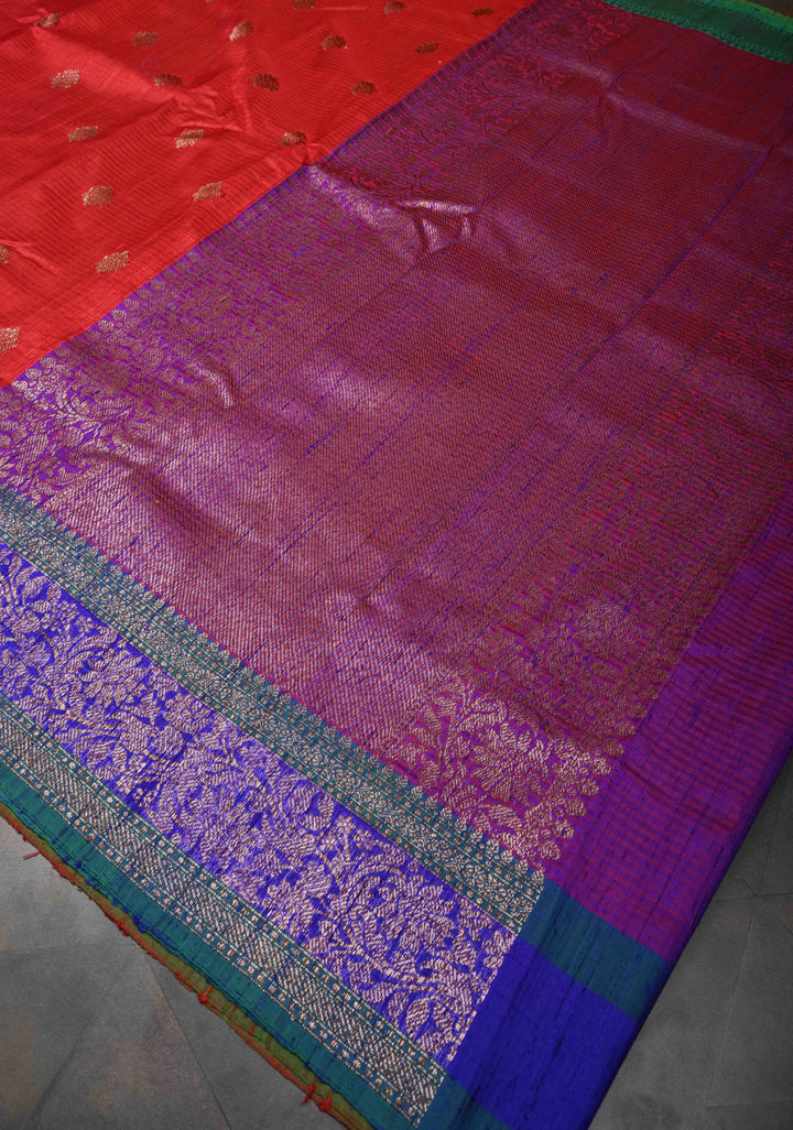 Pure Banarasi Dupion Silk Saree in Red with Zari Buttas and Zari Border | SILK MARK CERTIFIED