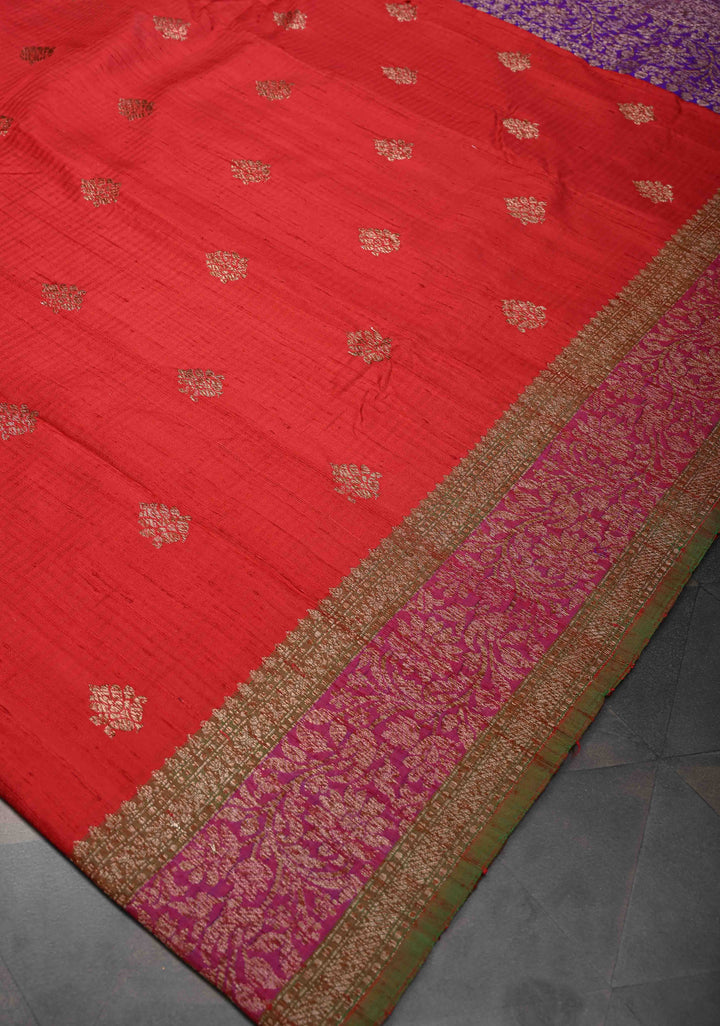 Pure Banarasi Dupion Silk Saree in Red with Zari Buttas and Zari Border | SILK MARK CERTIFIED