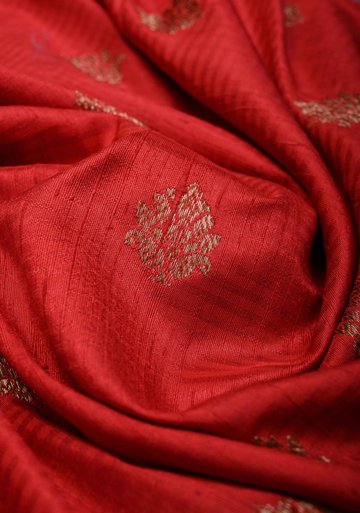 Pure Banarasi Dupion Silk Saree in Red with Zari Buttas and Zari Border | SILK MARK CERTIFIED