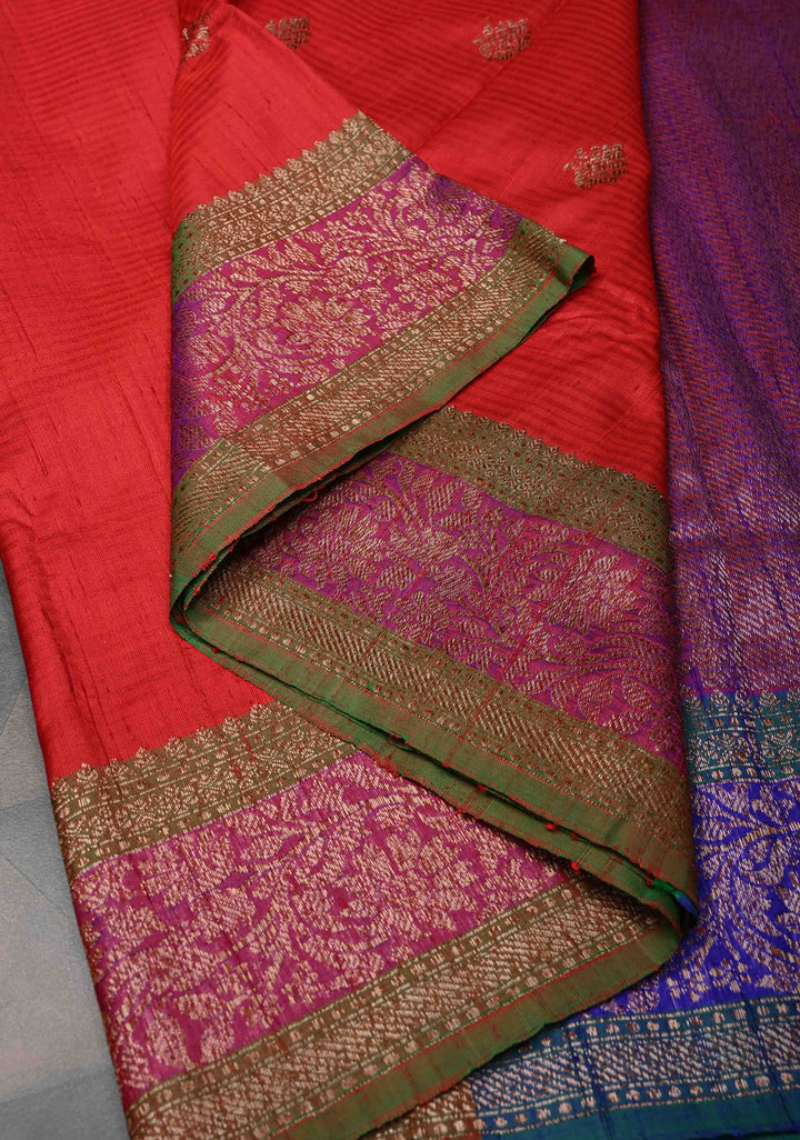 Pure Banarasi Dupion Silk Saree in Red with Zari Buttas and Zari Border | SILK MARK CERTIFIED