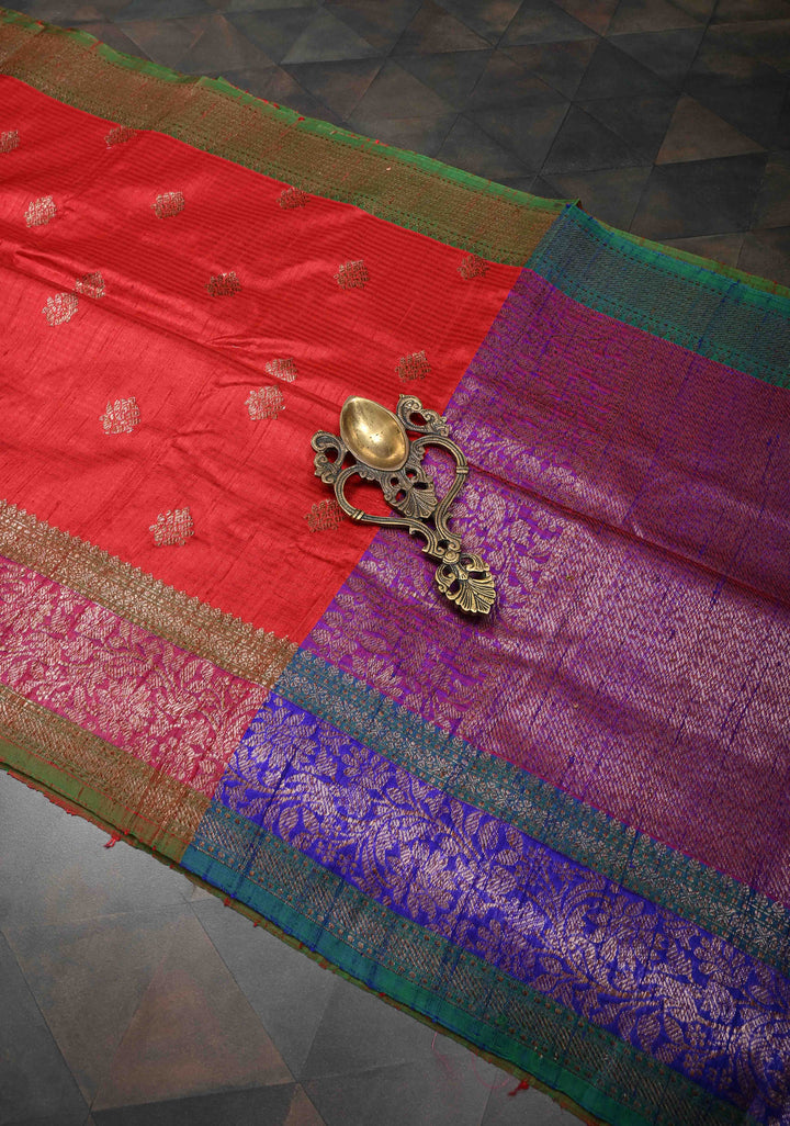 Pure Banarasi Dupion Silk Saree in Red with Zari Buttas and Zari Border | SILK MARK CERTIFIED