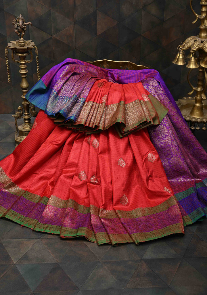 Pure Banarasi Dupion Silk Saree in Red with Zari Buttas and Zari Border | SILK MARK CERTIFIED