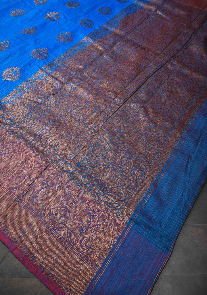 Blue Pure Banarasi Dupion Silk Saree with Antique Damask Buttas and Zari Border | SILK MARK CERTIFIED