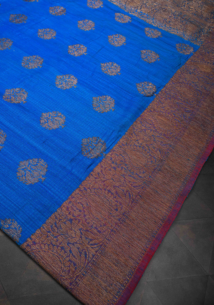 Blue Pure Banarasi Dupion Silk Saree with Antique Damask Buttas and Zari Border | SILK MARK CERTIFIED