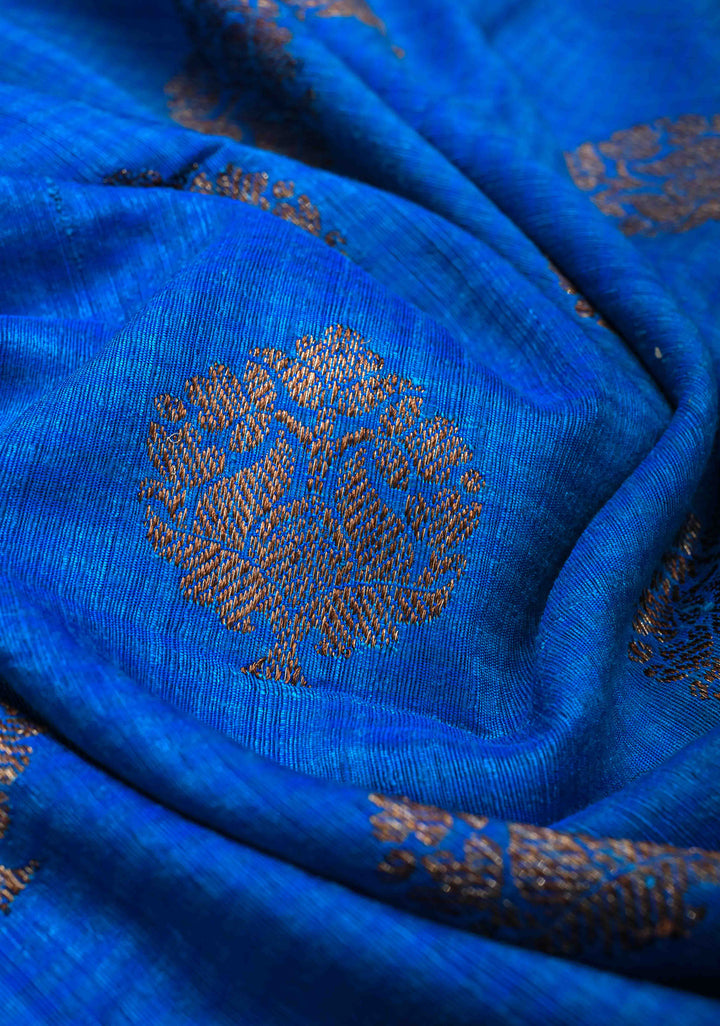Blue Pure Banarasi Dupion Silk Saree with Antique Damask Buttas and Zari Border | SILK MARK CERTIFIED
