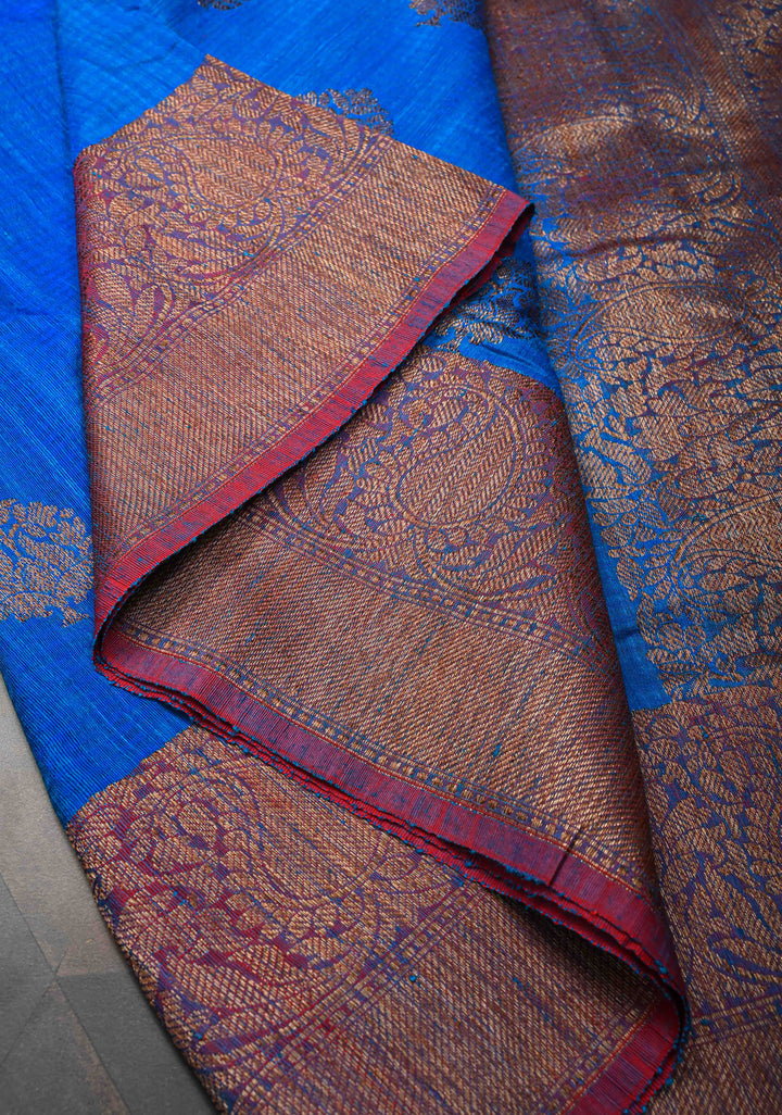 Blue Pure Banarasi Dupion Silk Saree with Antique Damask Buttas and Zari Border | SILK MARK CERTIFIED